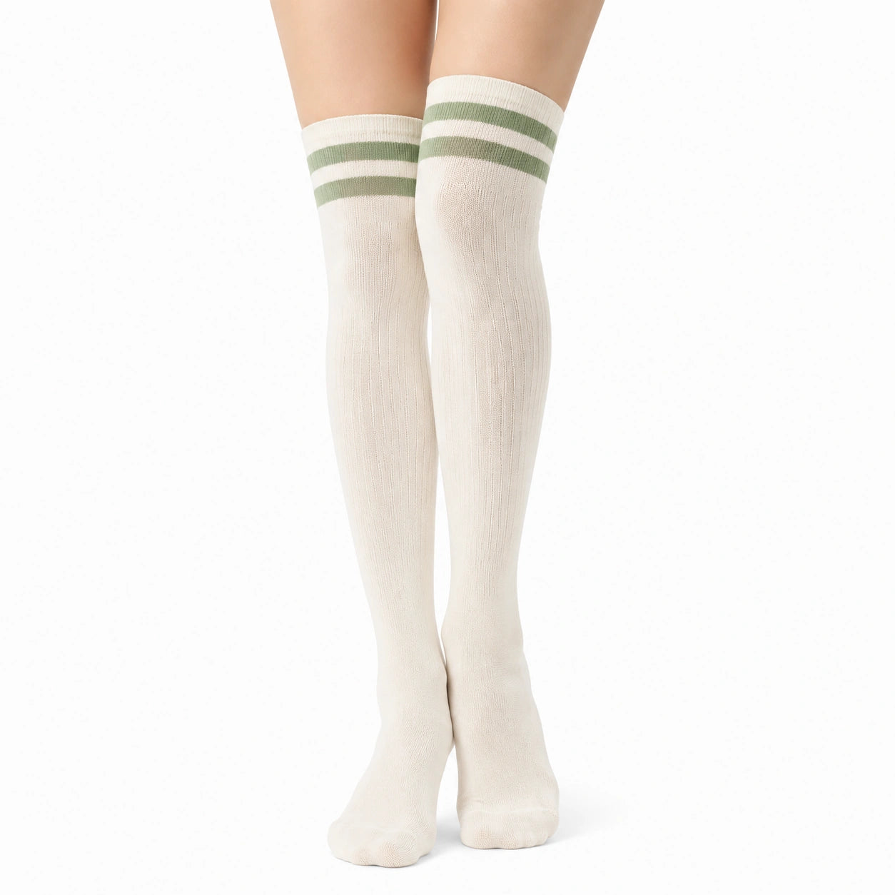 Chaussettes hautes 35-38 en maille écru vert à rayures style sportif
