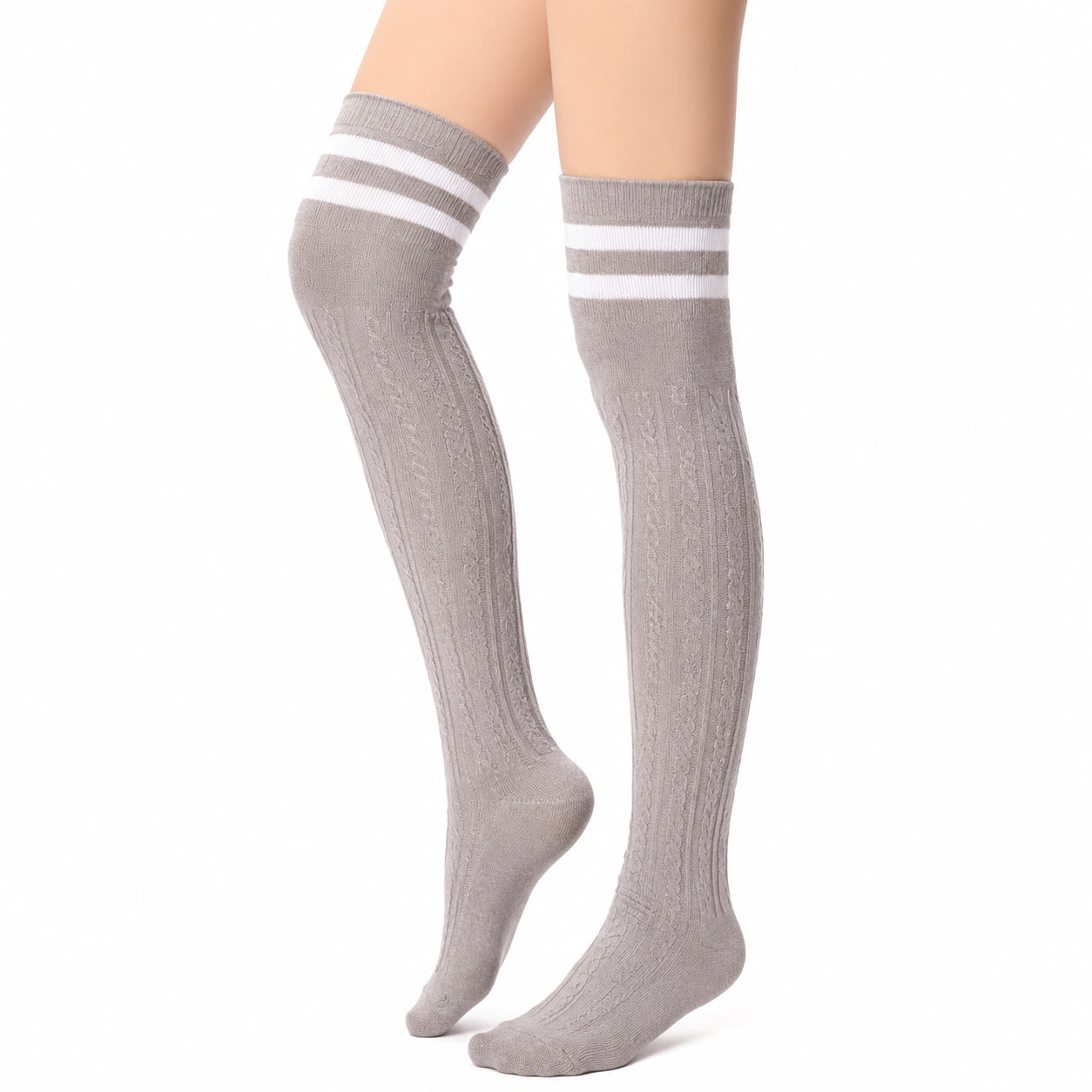 Chaussettes hautes 39-42 gris clair et blanc en maille côtelée à rayures