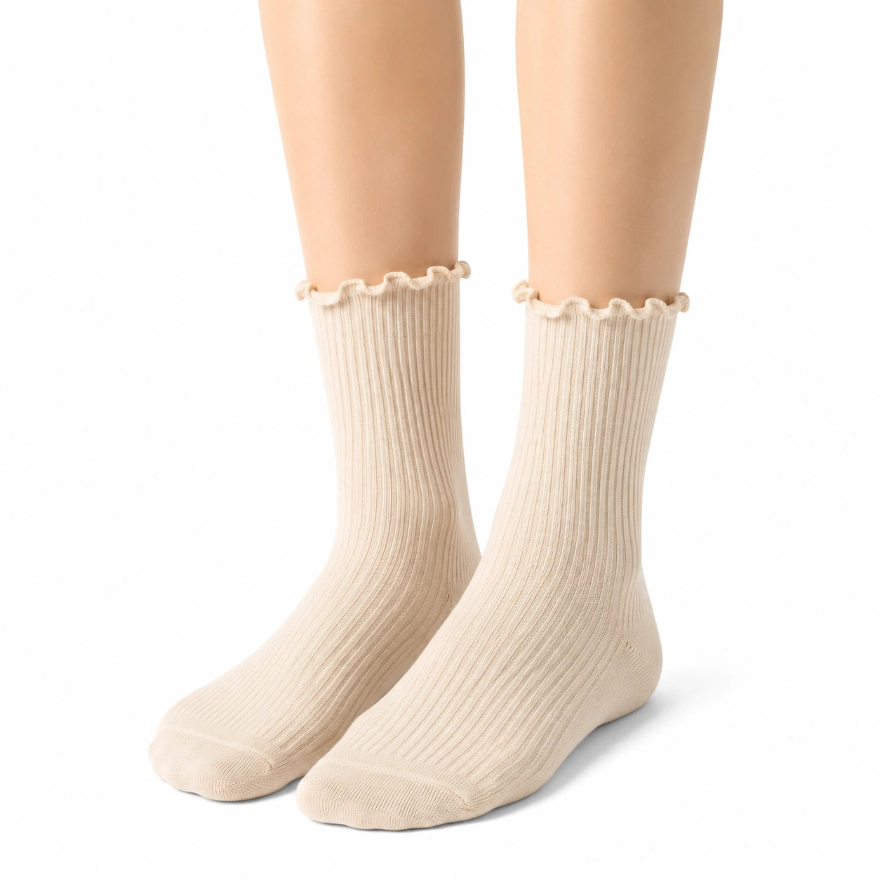 Chaussettes 39-42 en maille côtelée beige à bord festonné style délicat