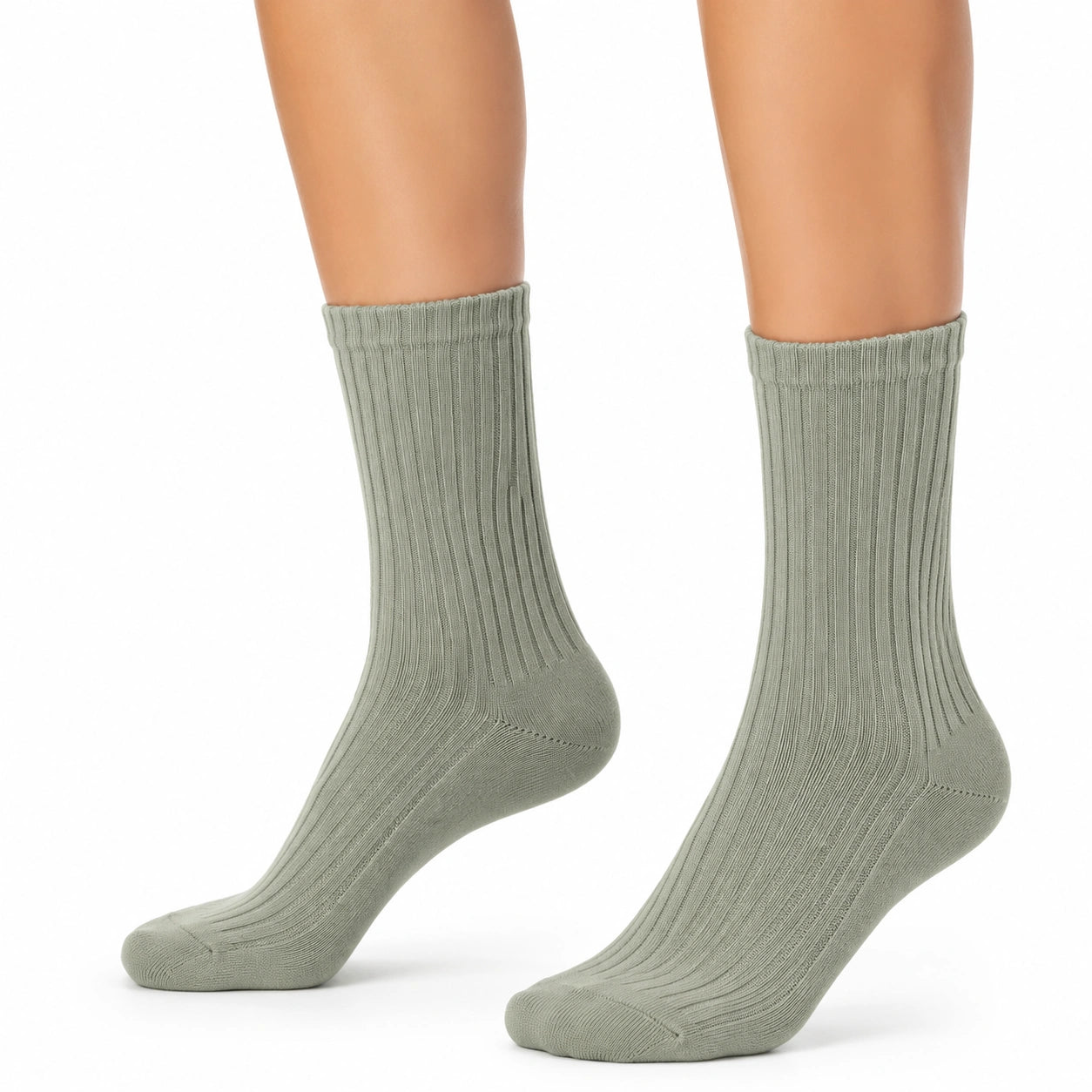 Chaussettes mi-mollet 39-42 vert sauge côtelées en maille textile style décontracté